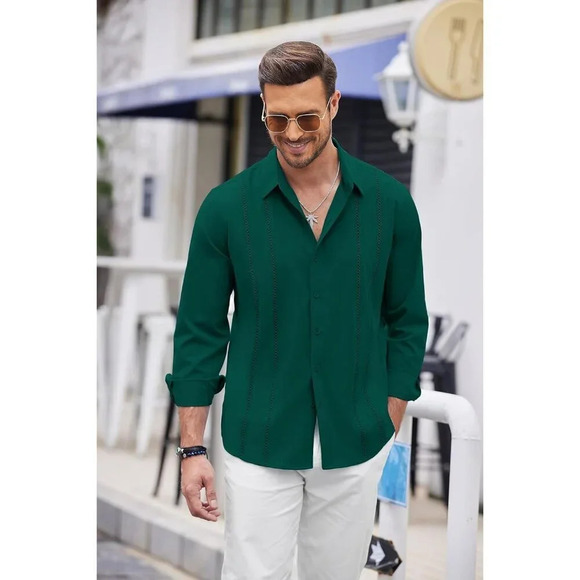❤️Mens Green Cuban  Shirt Casual Button Down Shirts Long Sleeve Beach Shirts - Picture 2 of 5